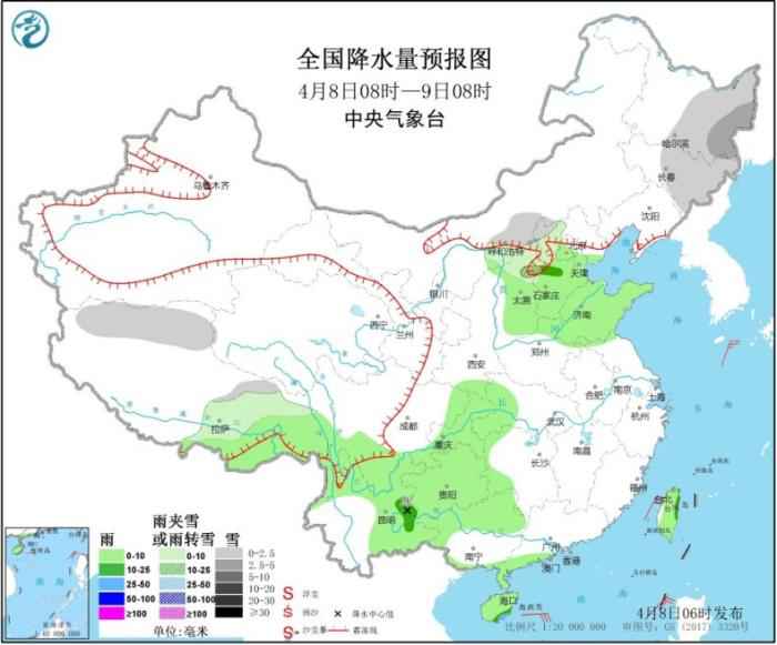 图1 全国降水量预报图(4月8日08时-9日08时) 冷空气影响华北地区 西南地区东部江南等地将有较强降水